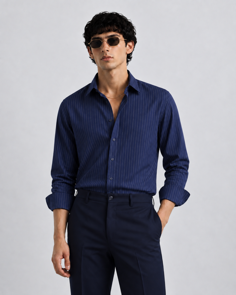 minimal navy pinstripe editorial portrait
