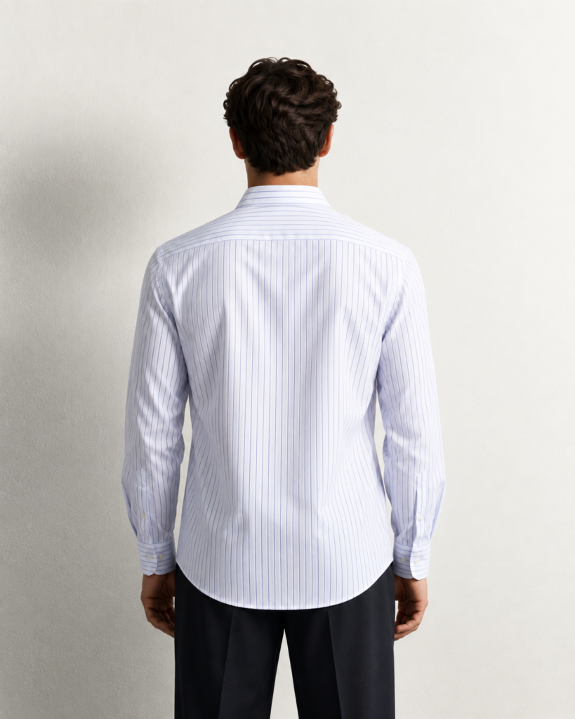 minimalist back view in pinstriped shirt