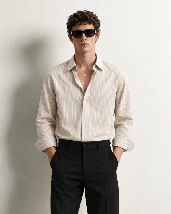 minimalist beige shirt fashion portrait