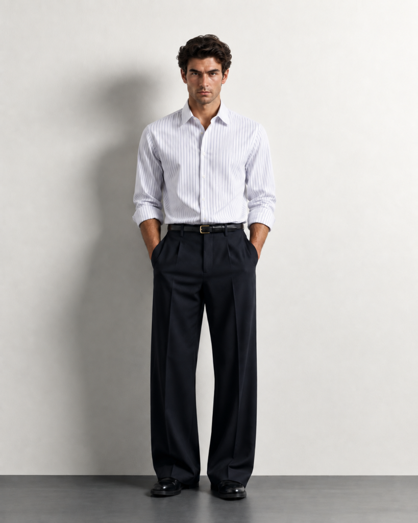 minimalist pinstriped shirt lookbook portrait