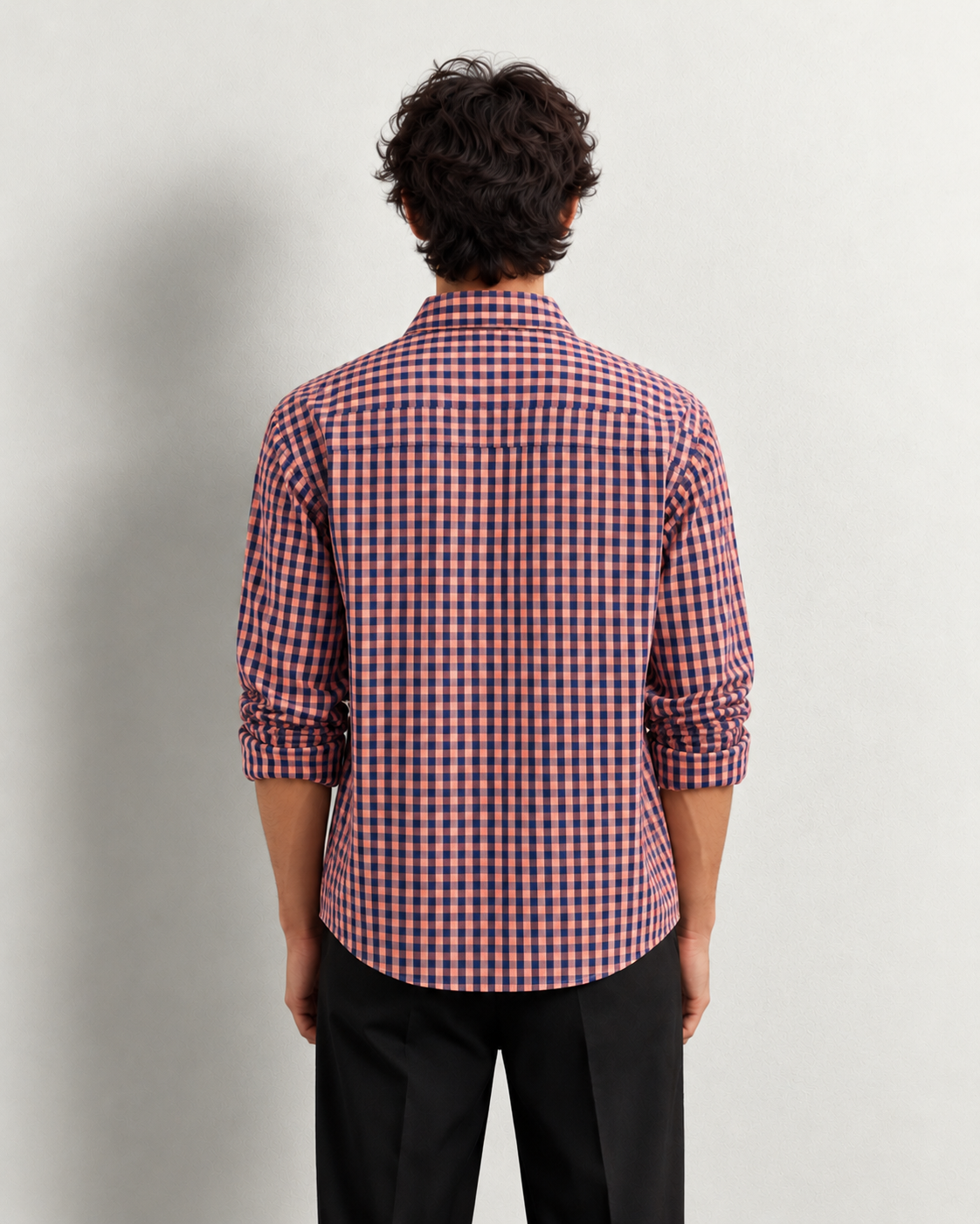 back view in coral check shirt back view in coral check shirt