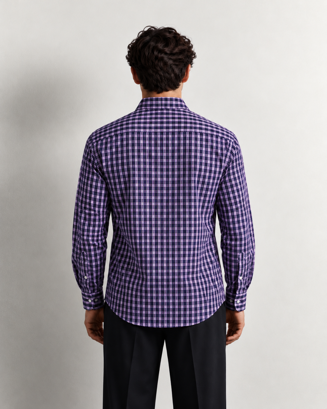 back view in navy plaid shirt back view in navy plaid shirt