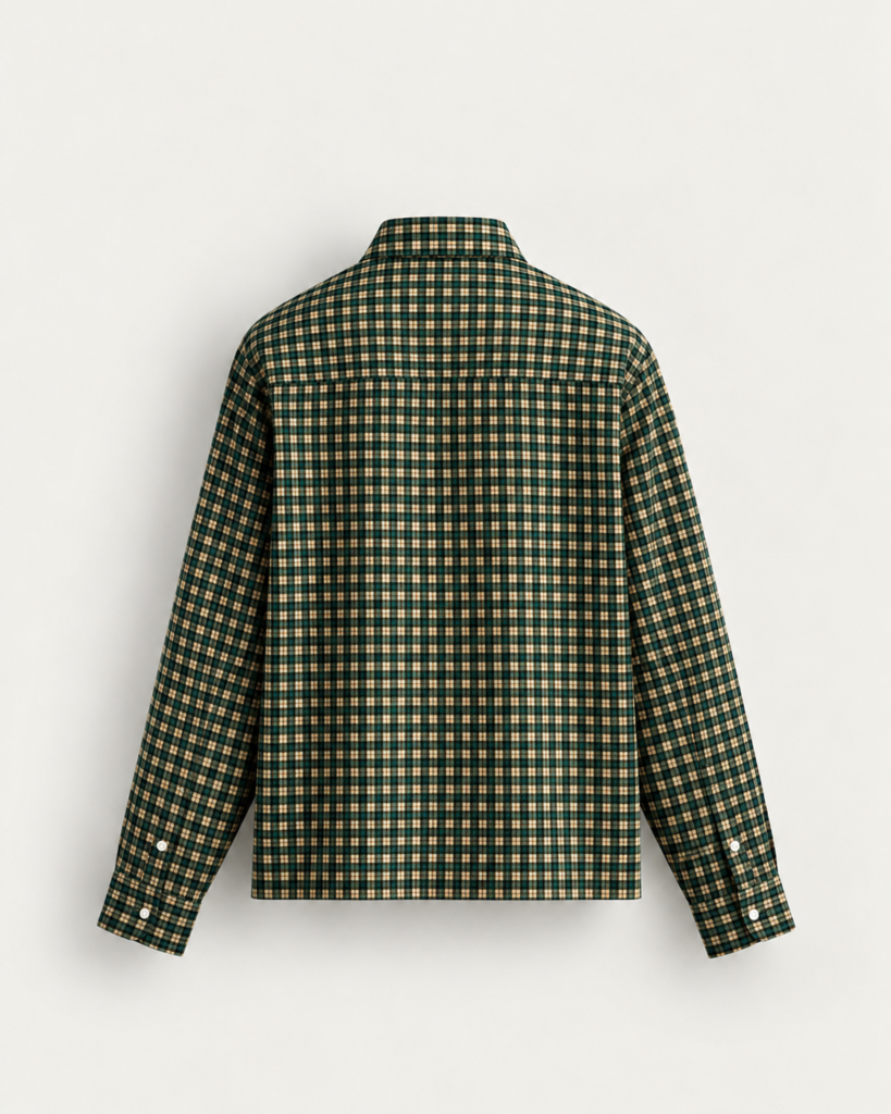 back view of green plaid shirt