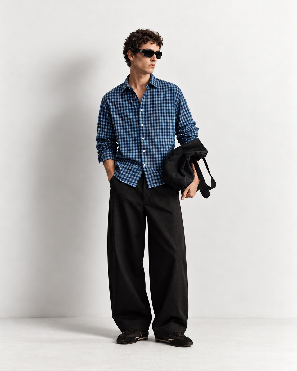 blue check shirt, black trousers blue check shirt, black trousers