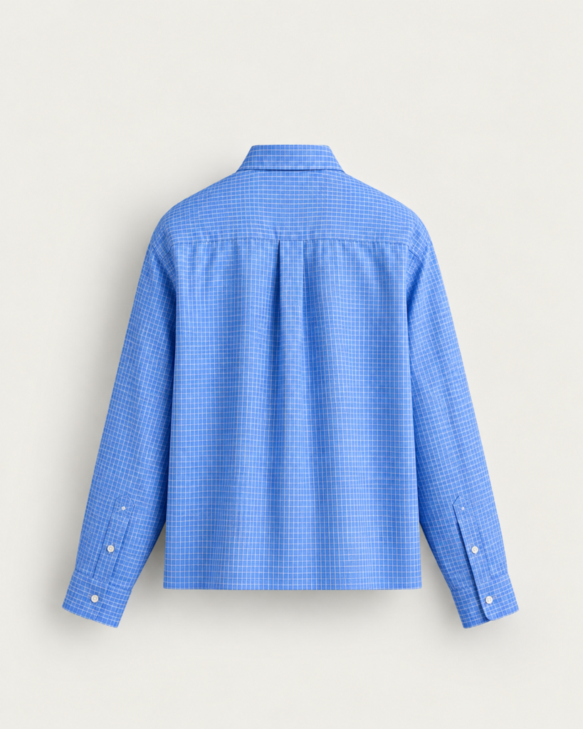 blue grid check shirt back view