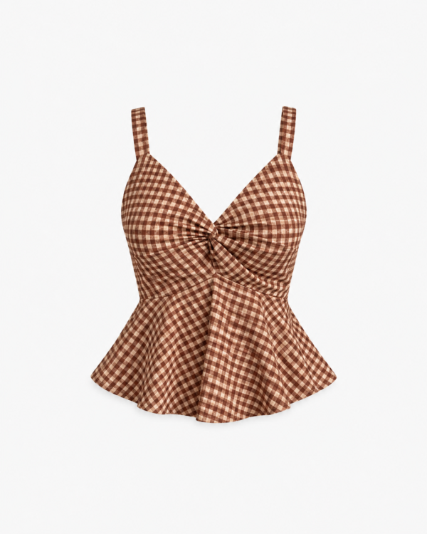 brown gingham twist front peplum top
