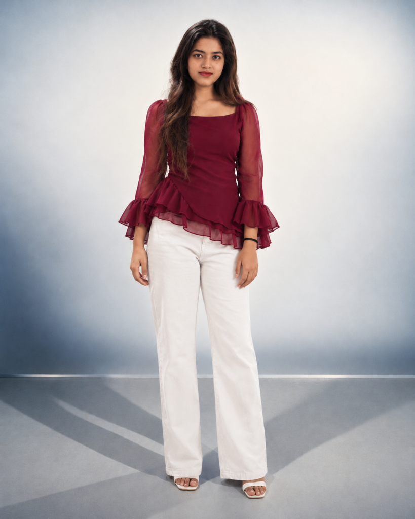 burgundy blouse studio portrait