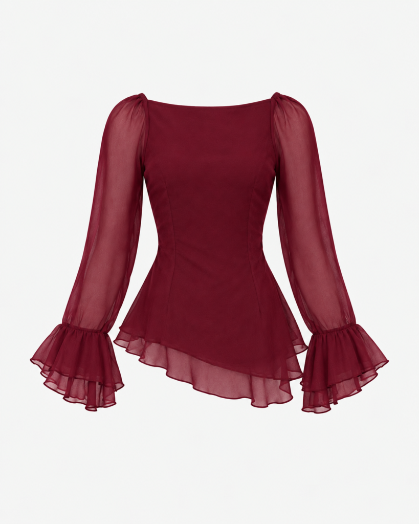burgundy chiffon ruffle sleeve blouse