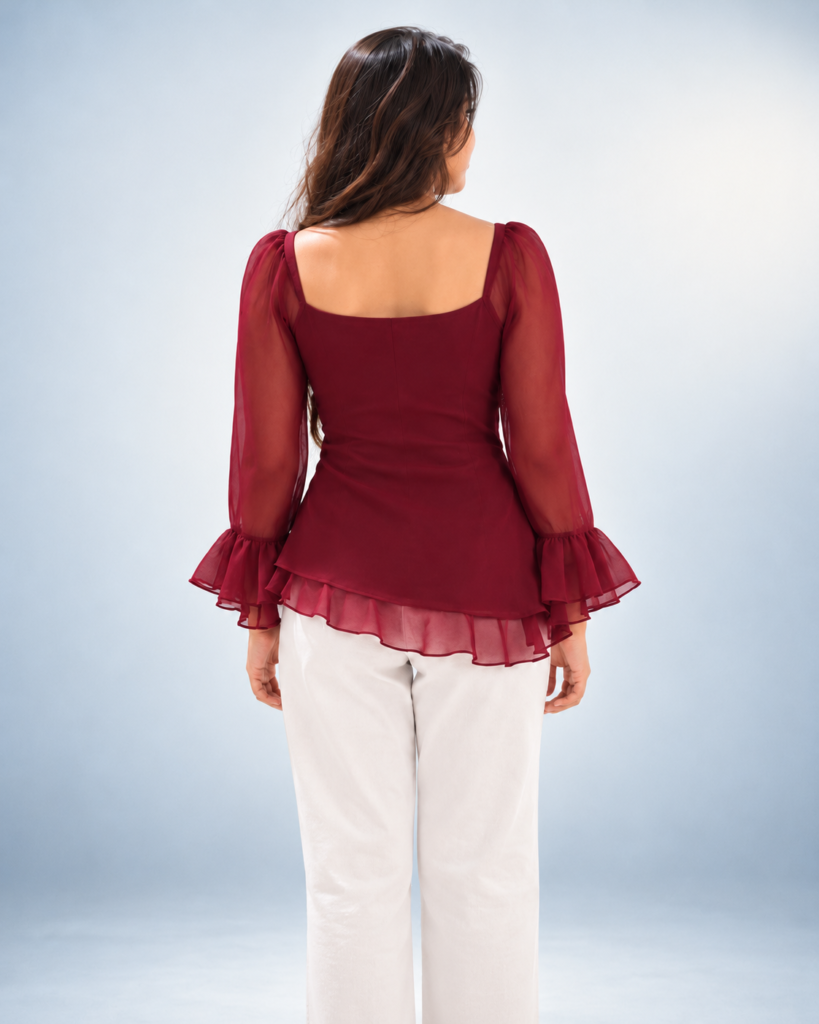 burgundy ruffled blouse studio portrait