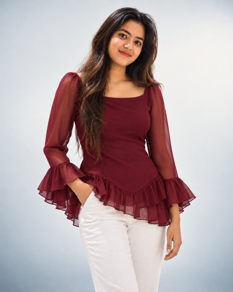burgundy ruffles studio portrait