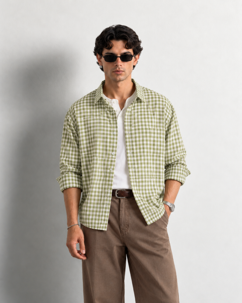 gingham shirt and brown trousers