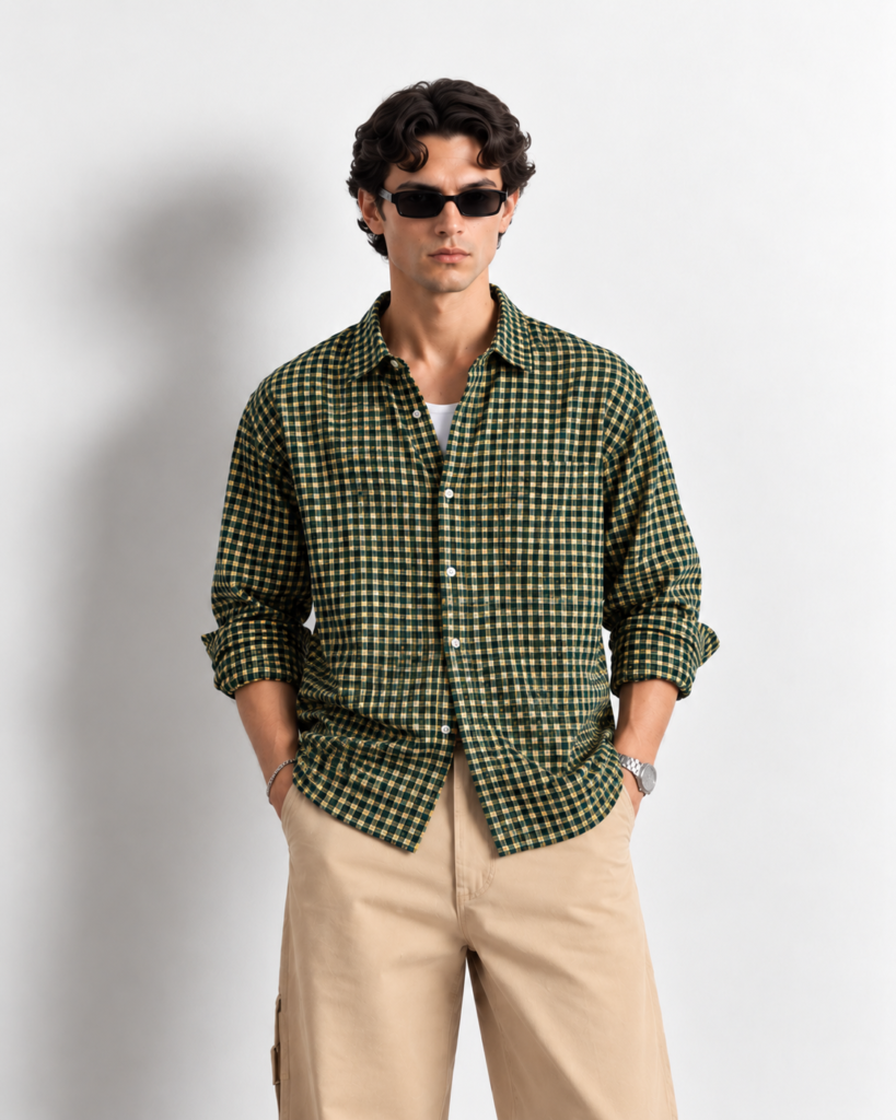 green gingham shirt studio portrait