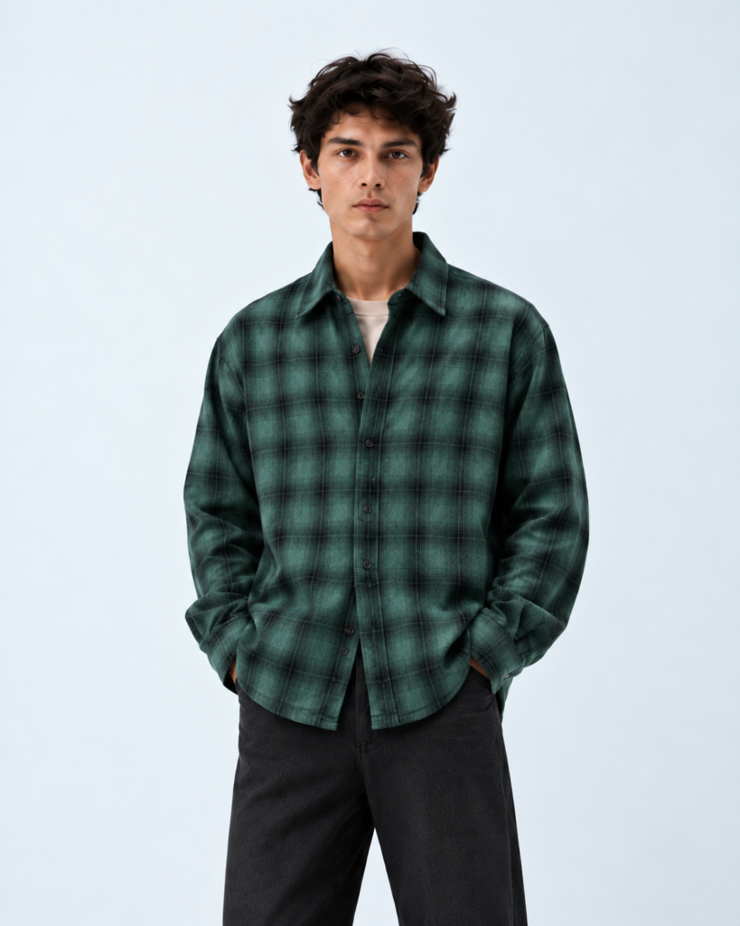green plaid shirt studio portrait