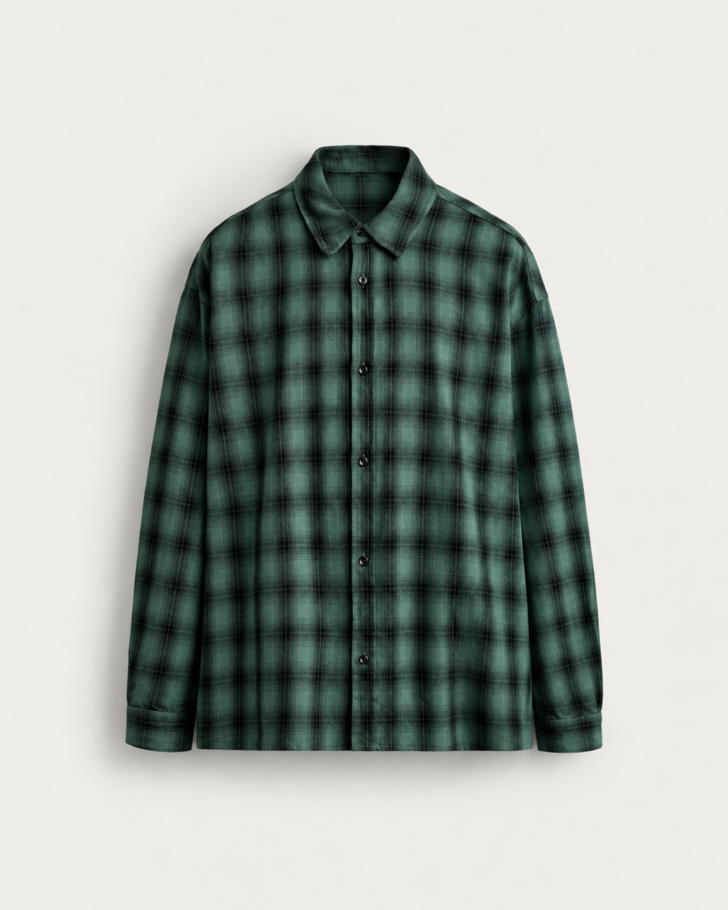 green and black plaid flannel shirt