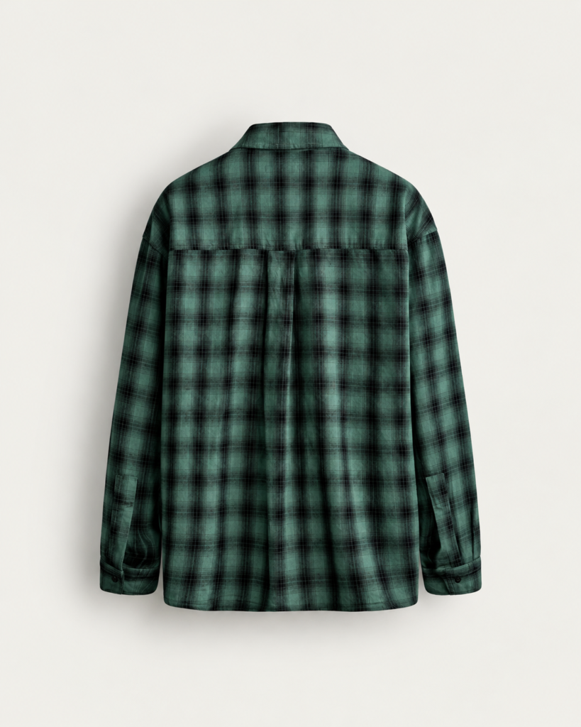green and black plaid shirt back view