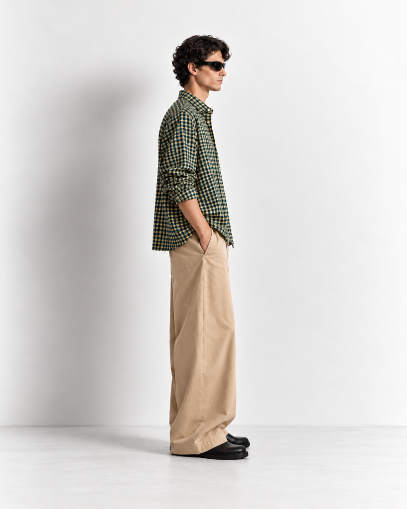 minimal side profile editorial in green checks