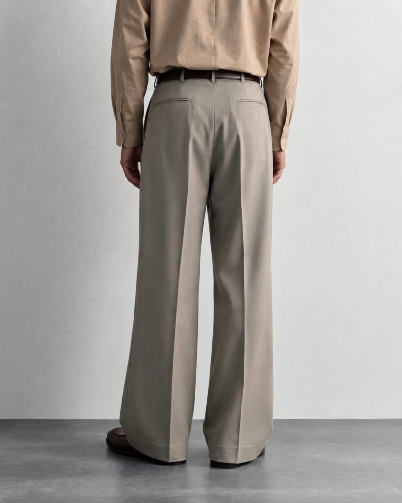 minimalist back view in neutral tailoring