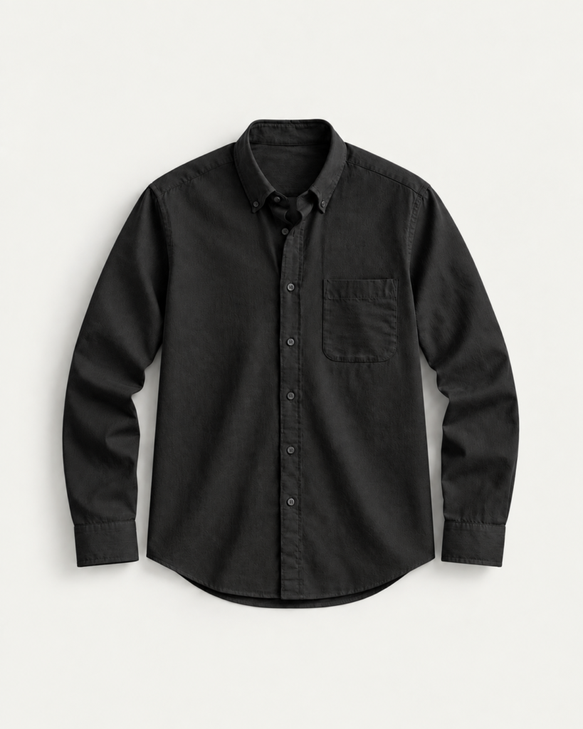 minimalist black button up shirt flat lay