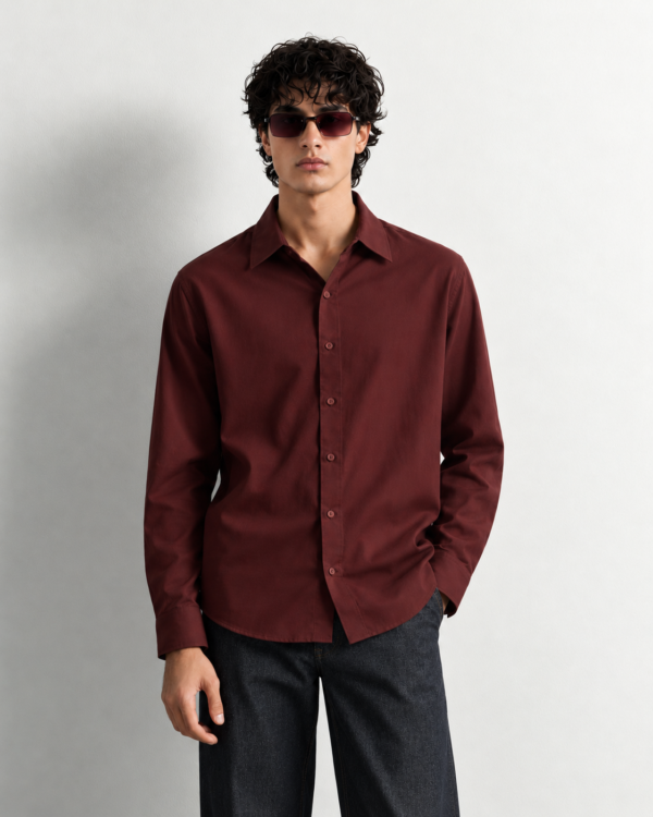 minimalist burgundy shirt lookbook portrait
