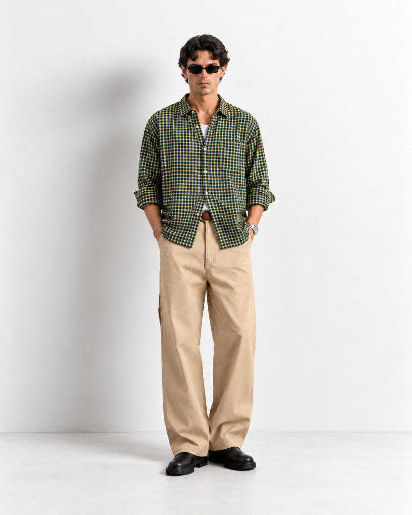 minimalist checked shirt lookbook portrait
