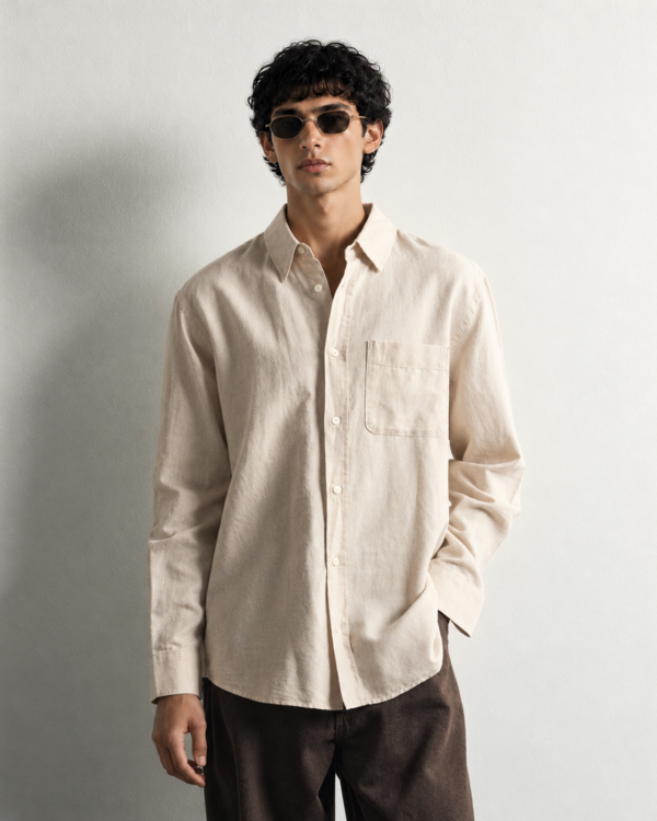 minimalist cream shirt lookbook portrait