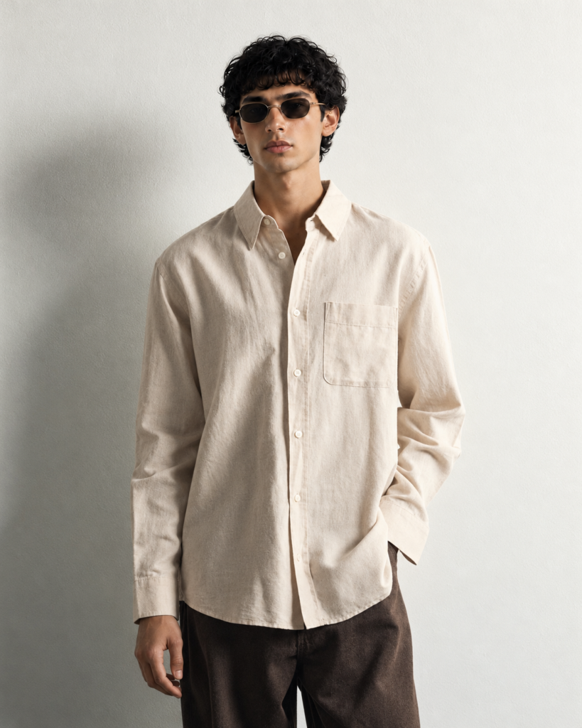 minimalist cream shirt lookbook portrait