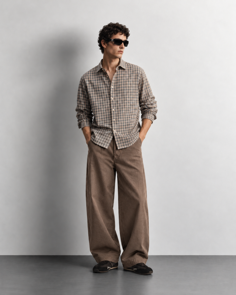 minimalist editorial portrait in plaid and corduroy