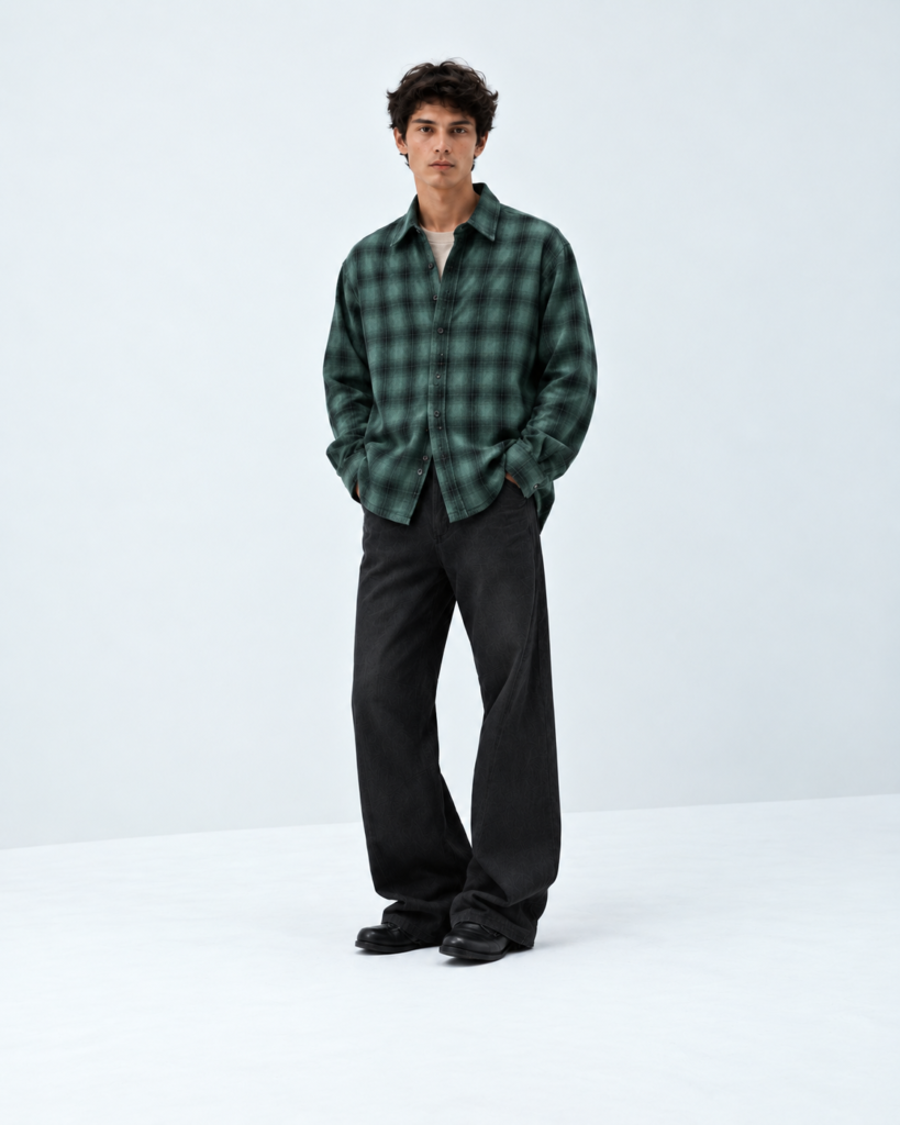 minimalist green plaid fashion portrait