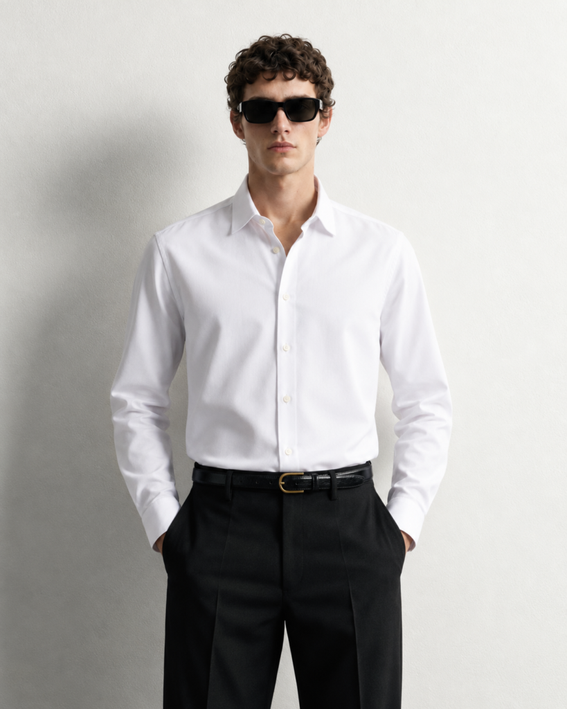 minimalist model in white shirt and black trousers