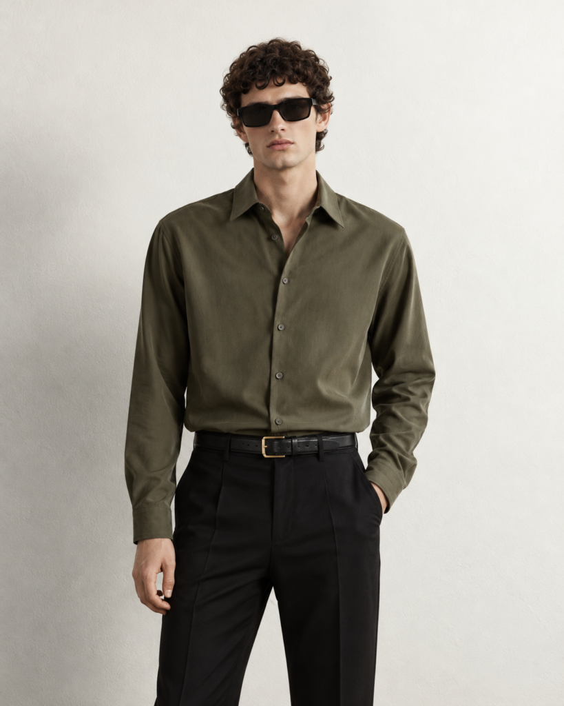 minimalist olive shirt fashion portrait