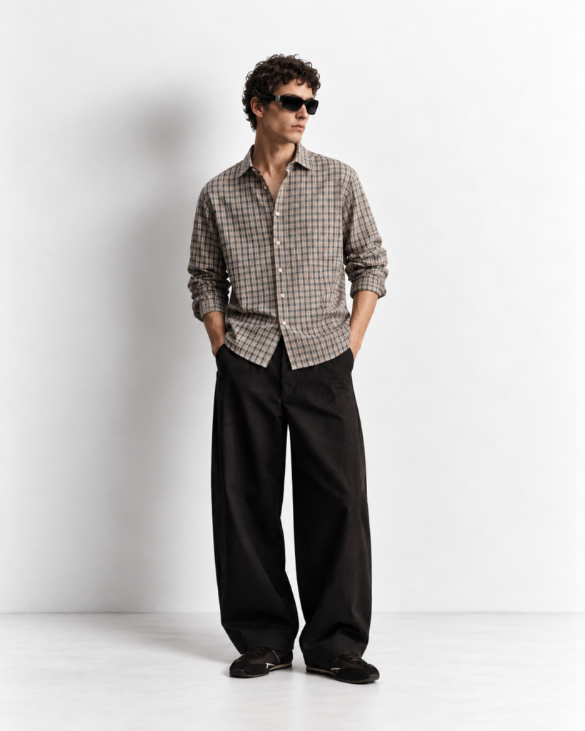 minimalist plaid shirt editorial portrait