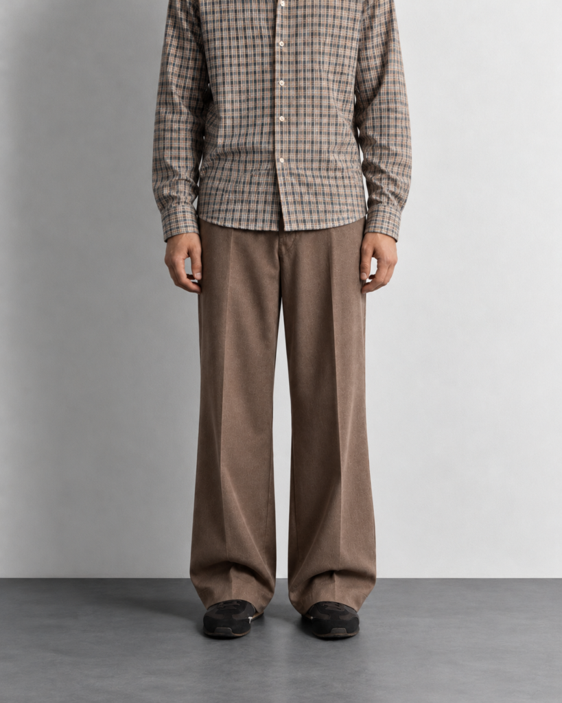 minimalist plaid shirt and wide leg trousers