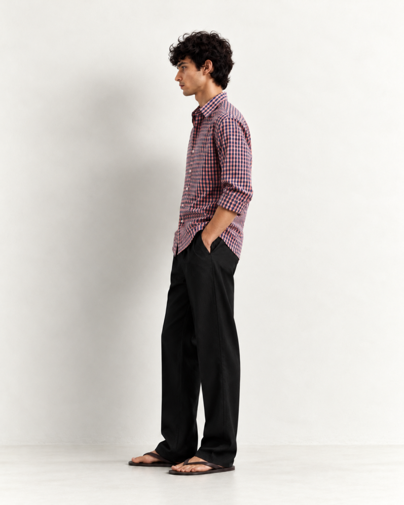 minimalist profile in gingham and trousers