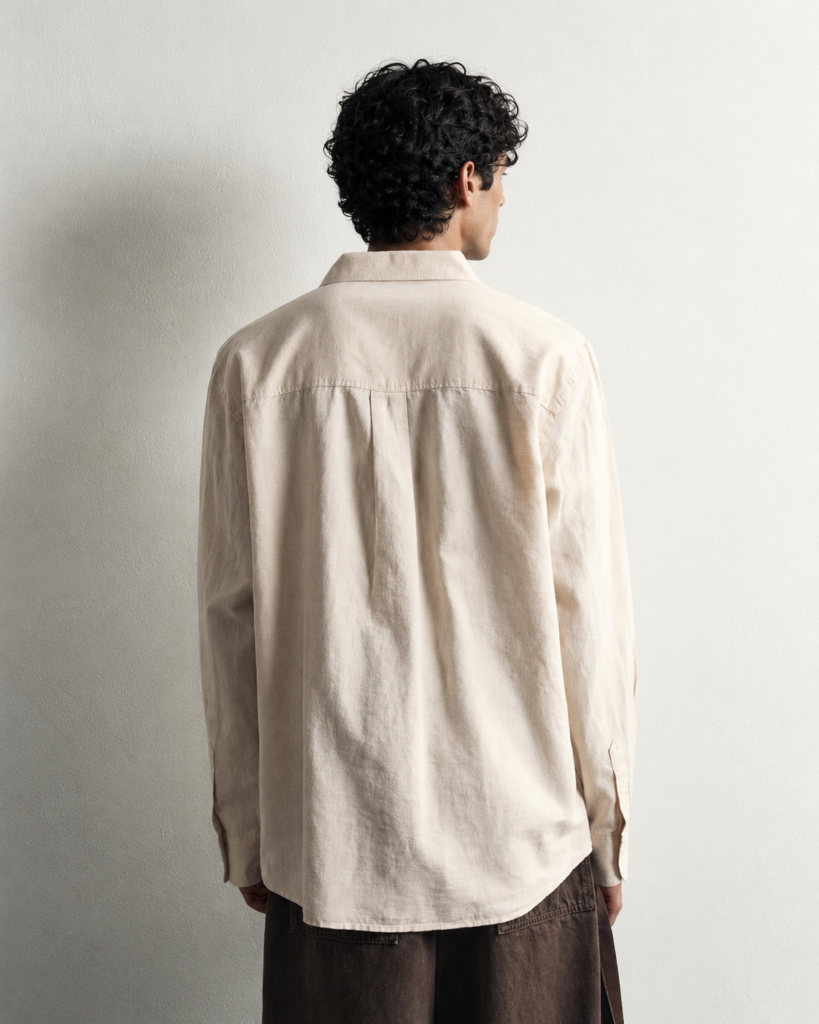 minimalist rear view portrait in beige and brown