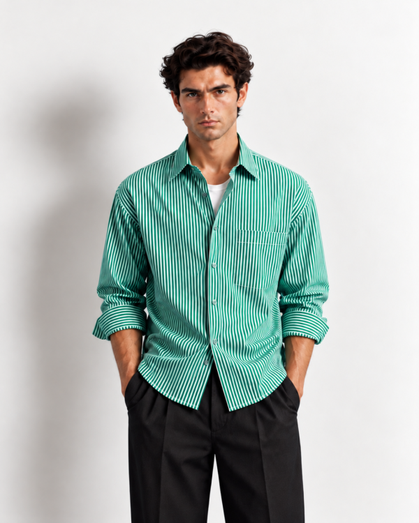 minimalist striped shirt studio portrait