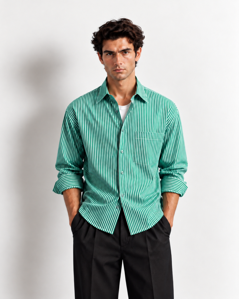 minimalist striped shirt studio portrait