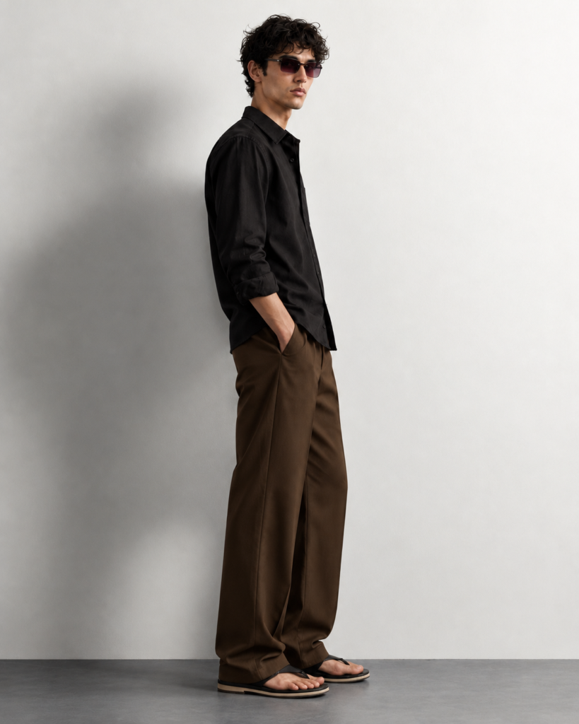 minimalist studio portrait in brown trousers