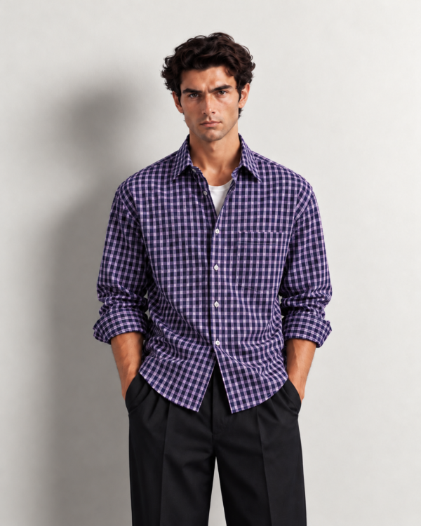 moody editorial portrait in purple checks