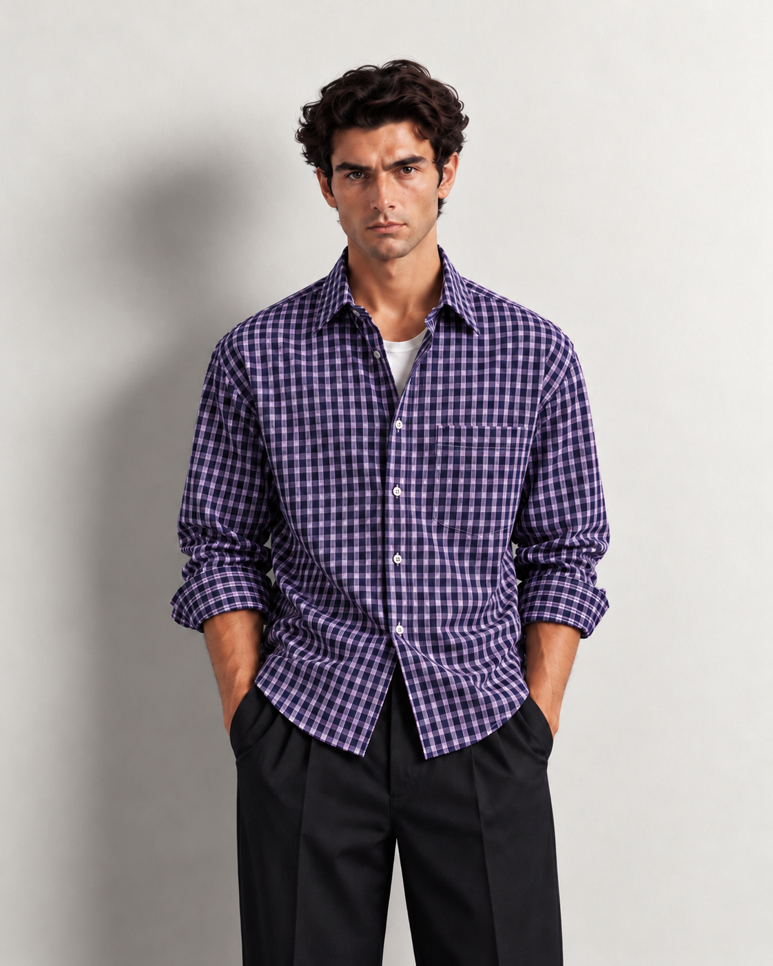 moody editorial portrait in purple checks moody editorial portrait in purple checks