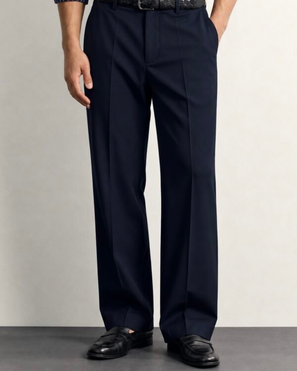 navy pinstripe shirt and tailored trousers