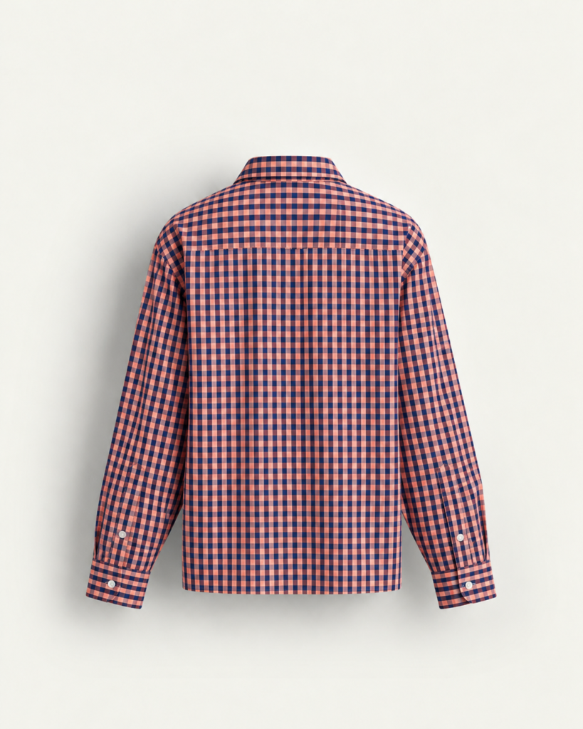 navy and coral gingham shirt back
