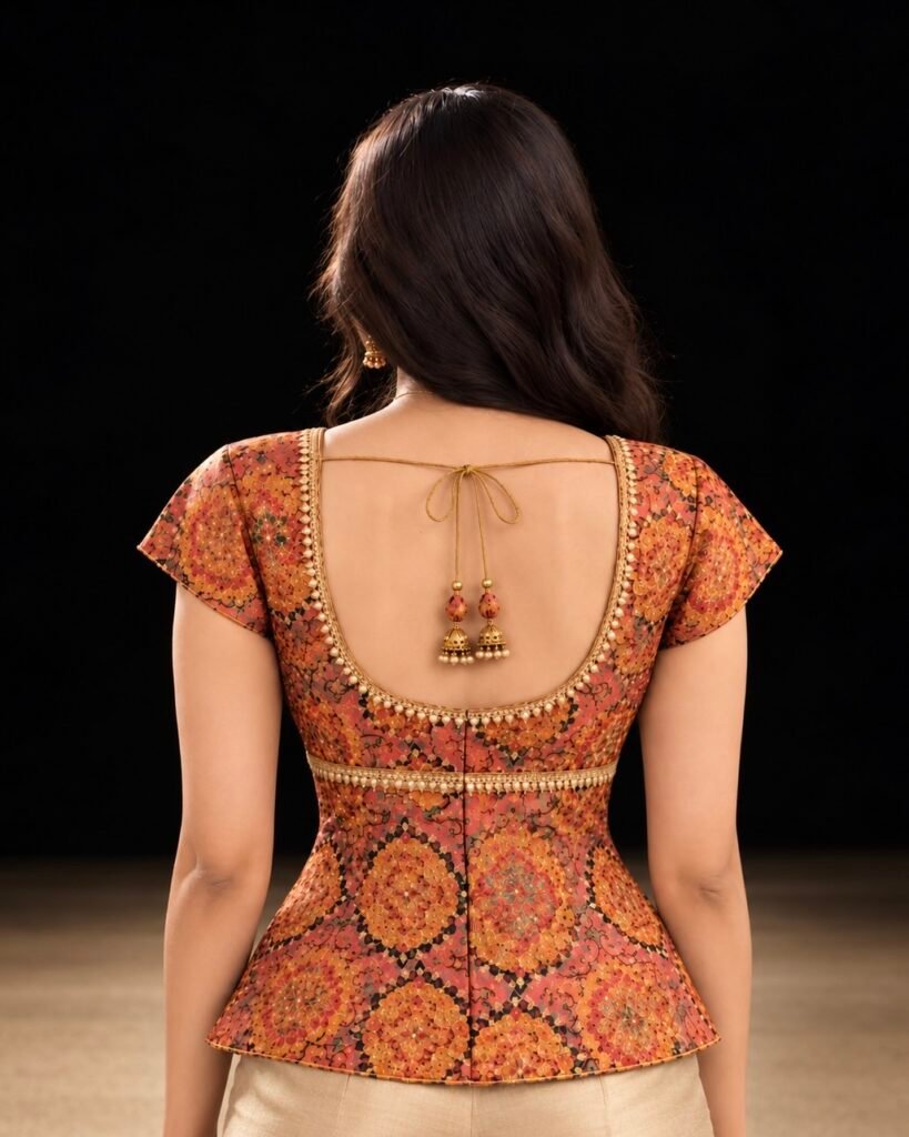 ornate open back designer blouse