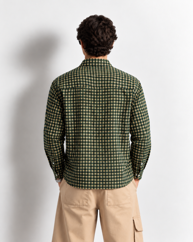 plaid shirt and khaki cargo trousers