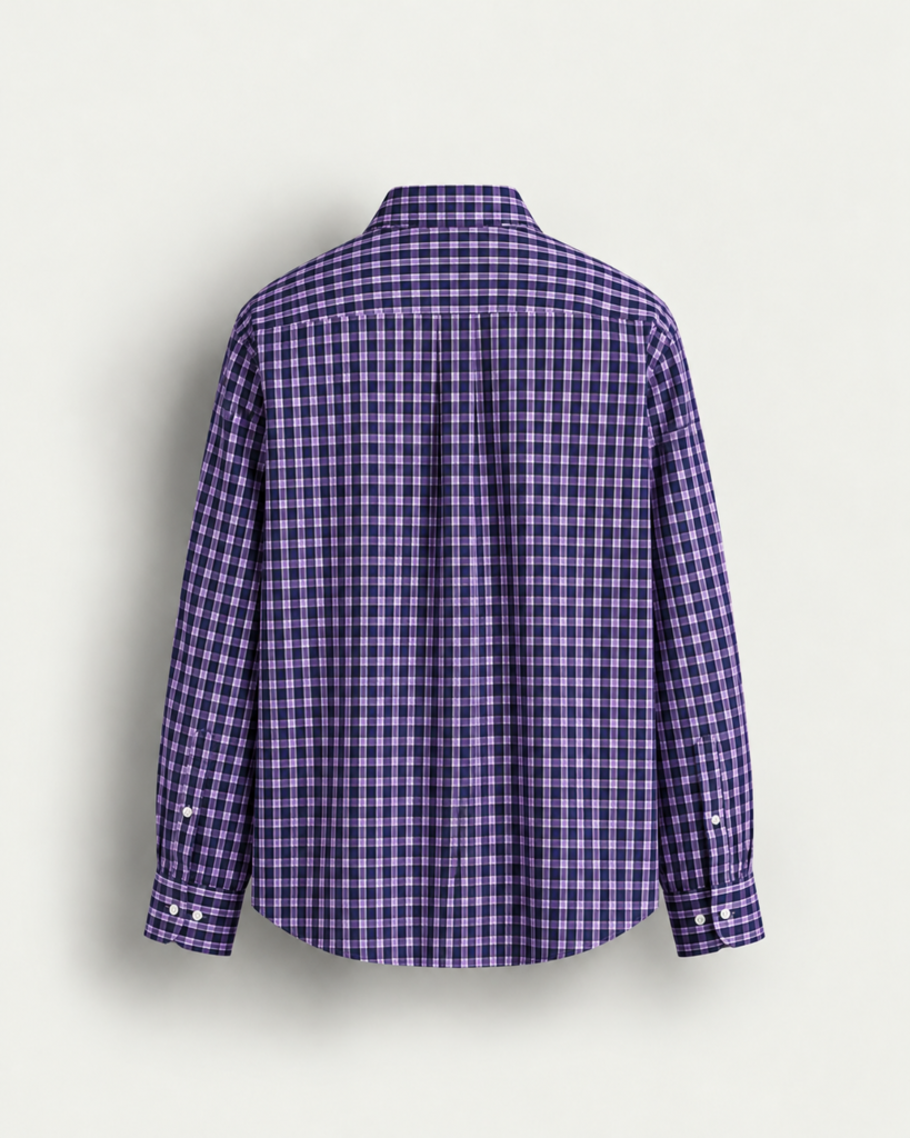 purple checkered shirt back view