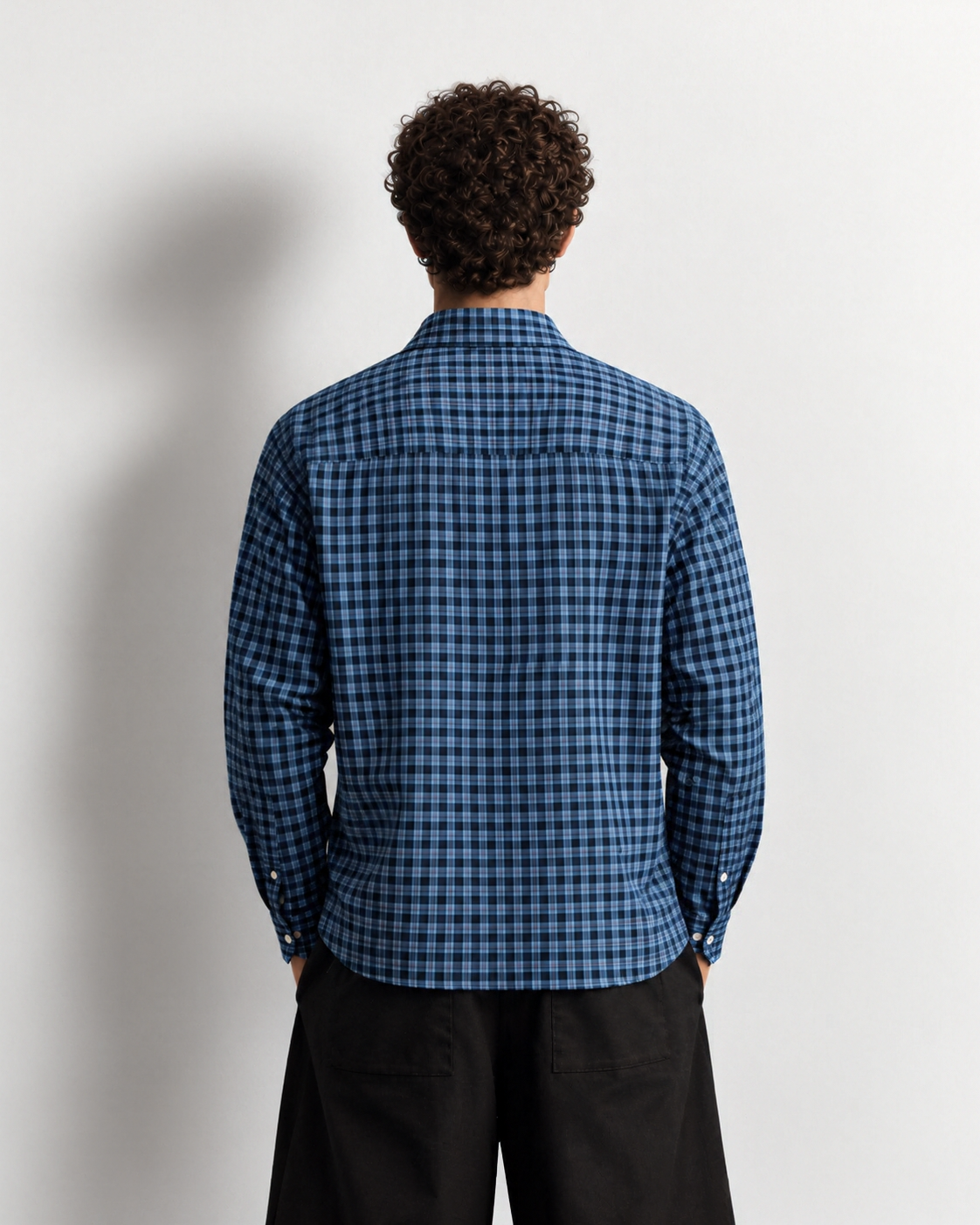 rear view in blue plaid rear view in blue plaid