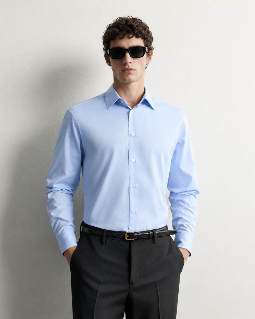 sunglasses and pastel blue shirt portrait