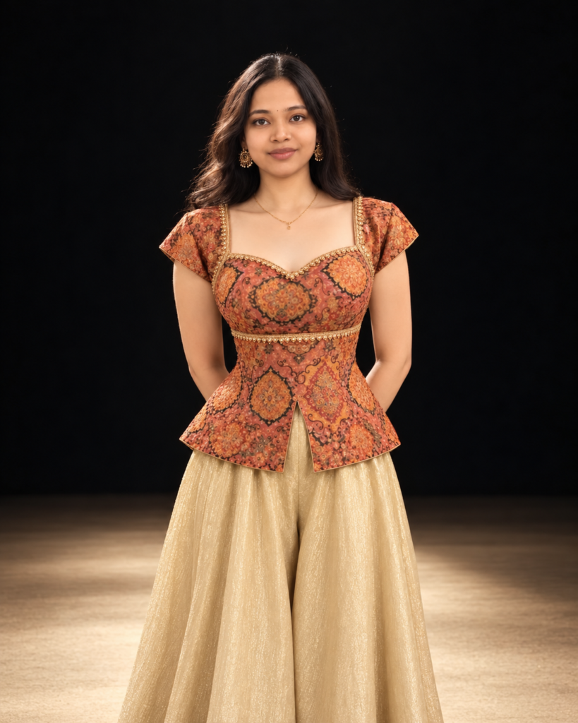 warm terracotta brocade studio portrait
